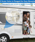 Family in RV with focus on low point drain valve for fresh water tank, showing installation process next to open door