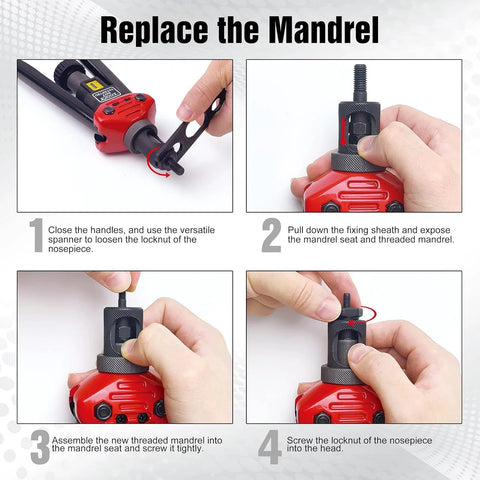 Rivet nut tool mandrel replacement kit with 3/8-16 mandrel and 10 rivet nuts; red and black tool shown