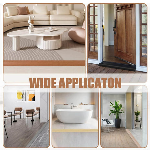 Collage showing Floor Transition Strip Door Threshold 39" applied in various interior settings, illustrating versatility and self-adhesive use.