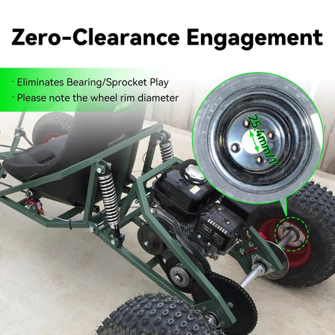 Universal 40 Inch Go Kart Rear Axle Kit for ATVs Quads Dune Buggies and Trailers with installed view showing tires and engine.