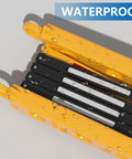 Close-up of yellow Expandable 8.46ft Safety Barricade With Water Filled Weighted Base, showcasing waterproof feature.