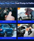 Signs that your fuel pump is failing with images of key turn, car gas issue, power loss, and buzzing steering wheel