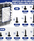 450 Piece Go-To Black Self Drilling Screws Kit With 410 Stainless Steel Assortment No 8 and No 10 truss head screws display