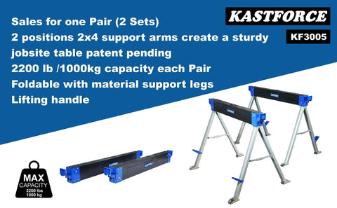 Built Tough Heavy Duty Folding Sawhorses Twin Pack shown with 2x4 arm support and folding legs for 2200 lb capacity each
