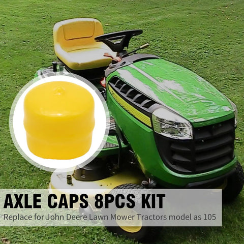 Heavy Duty 8 Pack M143338 Axle Cap Cover Set For John Deere L100 D100 G100 GT235 GT245 LX277 Riding Lawn Tractor Parts With Dang Sure Fits And Slick Grease Channels, yellow cap on green lawn tractor.