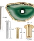 Four Pack Green Agate Slice Cabinet Knobs And Drawer Pulls Featuring Solid Brass Hardware with matching screws, 1.69 inch knob.