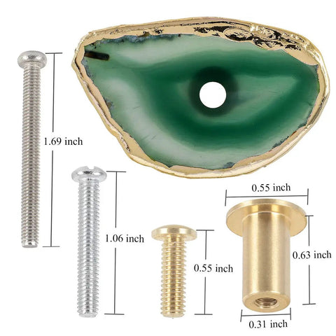 Four Pack Green Agate Slice Cabinet Knobs And Drawer Pulls Featuring Solid Brass Hardware with matching screws, 1.69 inch knob.