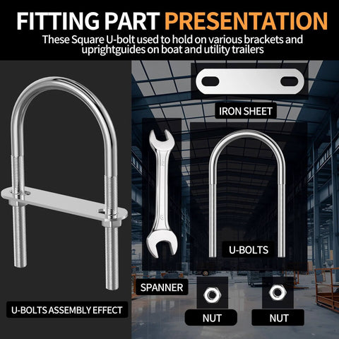 Experience secure, corrosion-resistant mounting for trailers and boats with this 4-set M6 U-bolts kit displayed in parts and assembly.