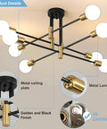 Starburst Inspired Eight Light Pendant Chandelier In Black Finish Mid Century Modern Nordic Ceiling Light with metal details