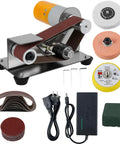 Compact Mini Belt Sander Featuring Seven Adjustable Speeds Hella Smooth Finishing And Precision Knife Sharpening For Metal Jewelry Woodworking And Quick Handyman Repairs Badass Bench Grinder Setup with accessories.