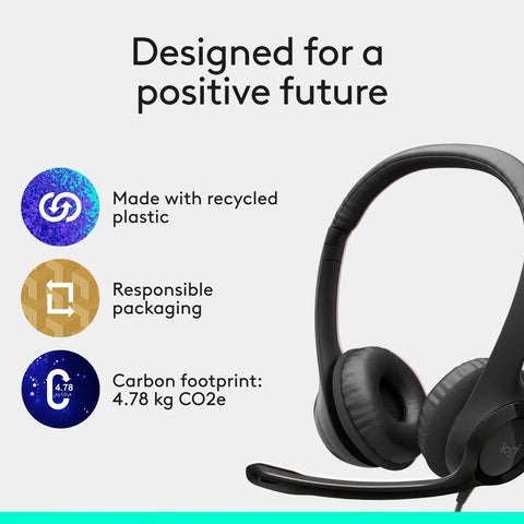 H390 Wired Headset With Noise Cancelling Mic For PC And Chromebook shown with sustainability features