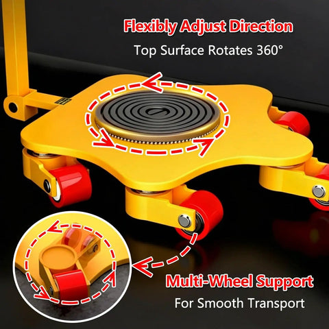 No Sweat Heavy Duty Machinery Skate Dollies With Sturdy Handgrips For Easy Shop Floor Moves And 360 Polyurethane Swivel Rollers top surface rotates 360 degrees.