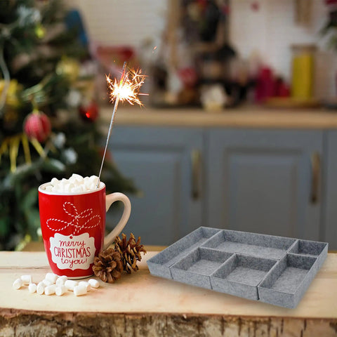 Deluxe Drawer Organizer Set For Home Office And Bathroom, Quiet Luxury Gray Felt 6-piece on holiday kitchen counter with mug