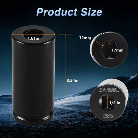 17mm 1/2 Inch Drive Harmonic Balancer Socket dimensions and details featuring heavy duty deep well design with impact sockets