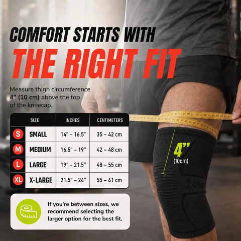 Gym Rat Approved Unisex Compression Knee Support Sleeve Boasting Four Way Stretch Fabric For Peak Flexibility And Serious Joint Armor During Heavy Lifting Sessions And Everyday Hustle In Sleek Black Medium Cut, size chart displayed measuring thigh.
