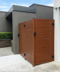 Heavy Duty Self Closing Pool And Child Safety Gate Hinges With Alignment Legs For Metal Gates Chrome Finish Super Strong industrial gate in a modern yard.