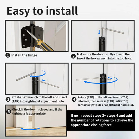 Pro Heavy Duty Self Closing Door Hinges 4 Inch 2 Pack installation guide showing hinge adjustment steps for smooth operation.