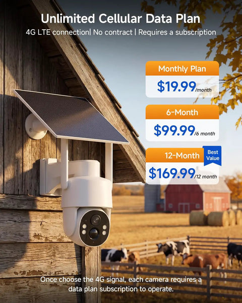 Solar Powered Cellular Security Camera With Dual Wifi And 4G LTE Connectivity For Wireless Outdoor Surveillance Featuring No Fuss Installation And Holds Its Ground Anywhere mounted on barn with solar panel.