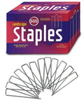 Heavy Duty Galvanized Garden Stakes And Landscape Staples 6 Inch 11 Gauge 500 Pack shown in box and spread out