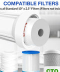 Universal 10 Inch Whole House Water Filter Housing With Heavy Duty Steel Bracket And Three Quarter NPT Fittings For No Sweat Sediment Filtration Drop Right In Home Install Includes Wrench Pack Of Two, showing compatible 10" x 2.5" filters.