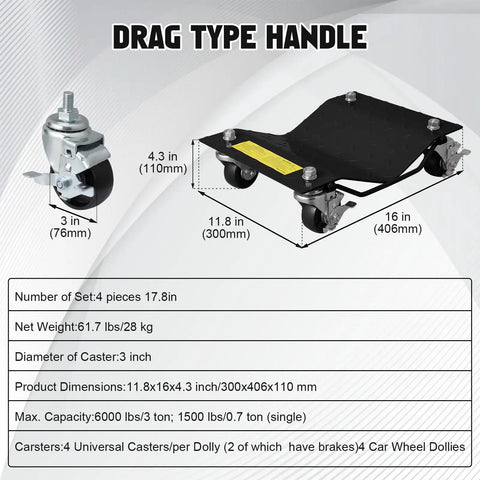 Set Of 4 Beast Mode Wheel Dollies delivering 6000 Lbs rock solid weight capacity; features drag handle and swivel casters for ease of use.