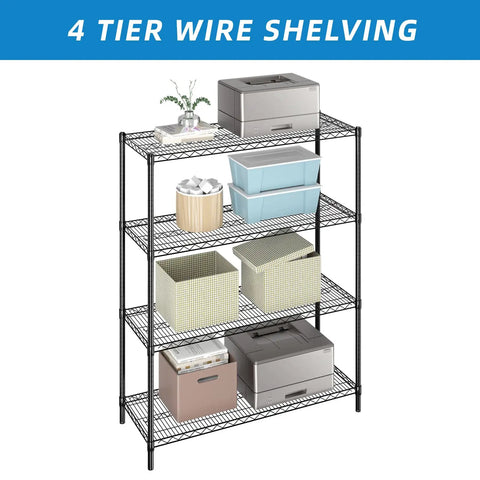 Heavy Duty Wire Shelving Unit With Four Adjustable Shelves Built Like A Tank For Garage Storage Black Coated Metal Rack with storage bins.