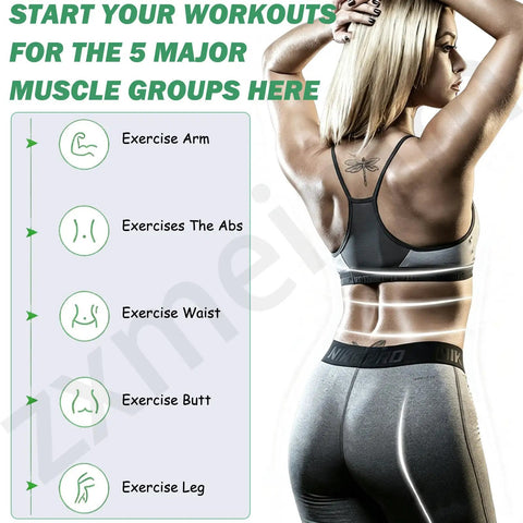 Adjustable Resistance Flywheel Exercise Trainer For Squats And Full Body Strength Building, demonstrating five muscle group workouts.