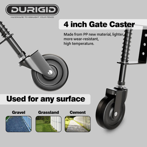 4 Inch Spring Loaded Gate Wheel With Built Like A Tank Shock Absorption, Heavy Duty Fence Caster For Wooden Gates, 200 Lb Capacity Outdoor Glide Roller close-up view showing black wheel and spring mechanism.