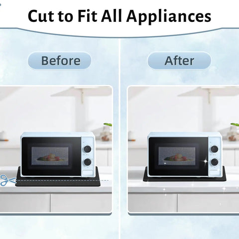 Before and after comparison of Premium Heavy Duty Kitchen Appliance Sliders 20X16 Inch with microwave, showcasing fit and ease of use.