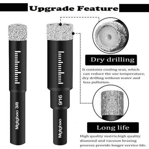 Ten Pack 5mm 3/16 Inch Dry Diamond Tile Drill Bits Set With Round Shank Pro Grade For Granite Marble Tile Ceramic Stone Glass Not For Wood Wax Lubricant Inside Helps Dry Drilling And Rust Resistant Coating, showing close-up of drill bit features and wax lubricant inside for dry drilling.