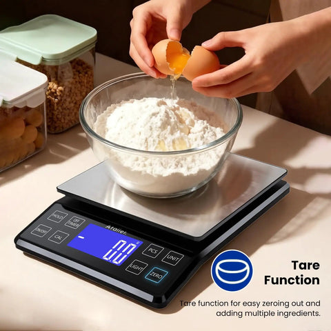 High Precision 5Kg Kitchen Scale With 0.1g Readings, showing tare function in use with flour in a bowl on stainless steel platform