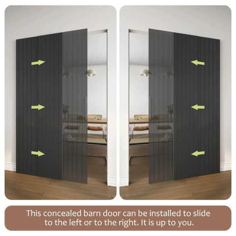36X84 Inch Black Wood Sliding Barn Door With Concealed Tracks And Soft Close Hardware Kit straight sliding to left and right configurations