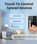 Finger touching NSPanel Smart Switch 2-Switch Touchscreen Control Hub for one-tap scenes, next to smart home devices icons