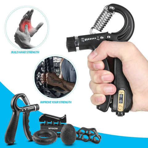 Adjustable Counting Grip Strengthener Kit 5 Pack with Forearm Strengthener, Finger Trainer, Grip Ring, Grip Ball in Black.