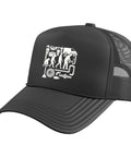 Daily Grind Plumber Evolution Trucker Hat For Dedicated Pipefitters And Licensed Plumbing Technicians With Breathable Mesh Panels And Adjustable Snap Closure In Black, showcasing a structured design and unique graphic.