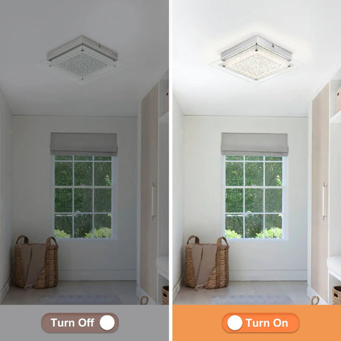 26 Inch LED Crystal Flush Mount Ceiling Light Fixture, Dimmable 4000K Rectangle Crystal Panels in hallway, on vs. off