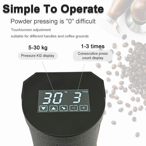 Touchscreen dashboard of Automatic Digital Coffee Tamper Machine For Home Baristas, displaying 30 kg pressure and press count.