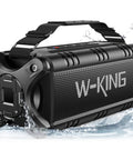90W Peak Portable Bluetooth Speaker With Beastly Bass Subwoofers And Punchy HD Sound, IPX6 Waterproof, 40 Hour Playtime, EQ, Dual Pairing, TF Card And Aux, Outdoor Party Boombox For Beach Jobsite And Backyard, black with handle, front view in water.