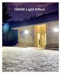 Heavy Hitter Solar Flood Light With Wireless Remote And Auto Dusk To Dawn Sensor illuminating a walkway at night.