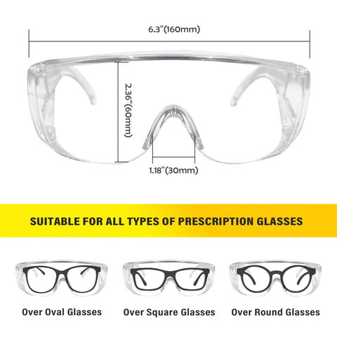 Dimensions of Six Pack Of Crystal Clear Safety Glasses Over Eyeglasses With Kickass Impact Resistant Polycarbonate Lenses.