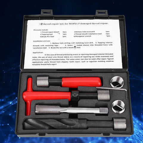 Stainless Steel Thread Repair Kit With M18x1.5 Threaded Inserts 10 Piece Set in open case showing tap, wrench, and inserts.