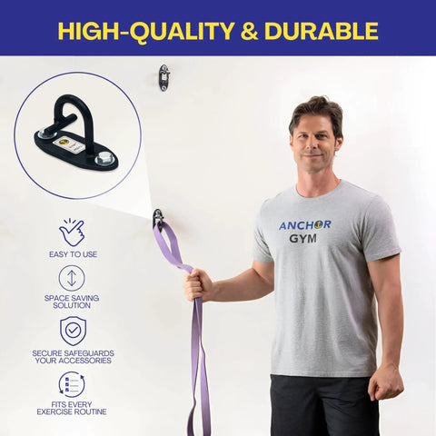 Heavy Duty Wall Mount Anchor For Resistance Bands And Cable Straps Set Of 3 Black home gym setup with person holding strap.