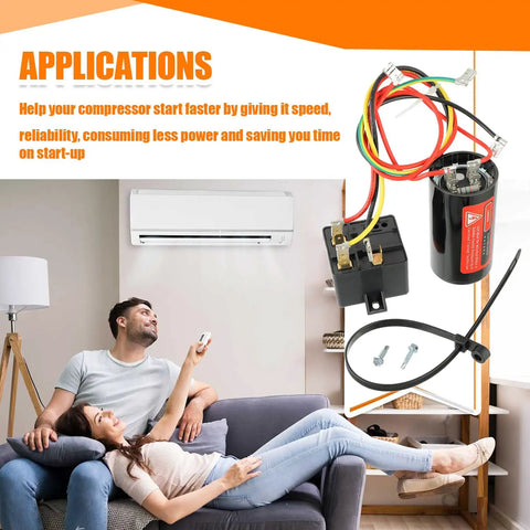 Csr U1 Hard Start Capacitor Kit For One To Three Ton Air Conditioners Pre Wired Setup viewed with color coded leads and installation parts.