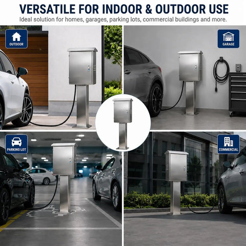 Tough As Nails Outdoor EV Charger Enclosure With Key Lock Security in various locations including garage and parking lot.