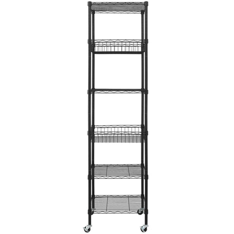 Heavy Duty 6 Tier Wire Shelving Unit Rolls Flat On Smooth Casters, 18X18X72 Inch Adjustable Black Metal Rack, tall and slim design