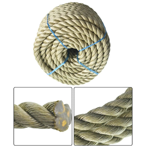 100 Feet Three Strand Twisted Polypropylene Rope Manila Rope Substitute For Indoor And Outdoor Use Ideal For Landscaping Tug Of War Projects And Tie Downs Lightweight Durable And Cost Effective top view and close-up images