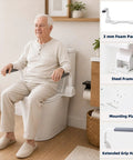 Heavy Duty Carbon Steel Toilet Safety Rails With Rock Solid Grab Bars For Seniors Bathroom Standing Assist Support Frame And Solid Armrest Setup That Handles Two Sixty Pounds Without Breaking A Sweat, with a senior using it.