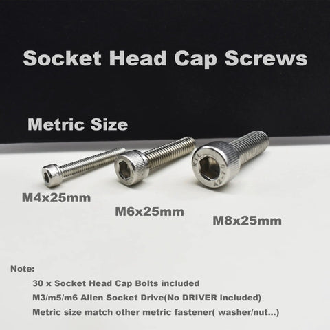 M6x25mm 304 Stainless Steel Hex Socket Cap Head Screws Full Threaded Bulk Kit with M4 and M8 screws for comparison.