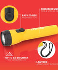 Yellow flashlight with push-button, ribbed grip, lanyard; Eight Pack LED Flashlights With Batteries Included Long Runtime Up To 30 Hours