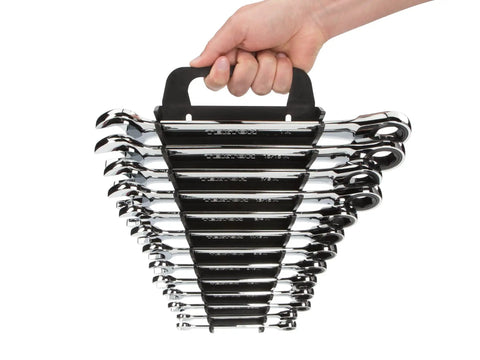 Ratcheting Wrench Set, Thirteen Piece, From Quarter Inch To One Inch, With Wrench Holder, Six Point Box Ends Grip Flat Sides, Durable Steel Kit